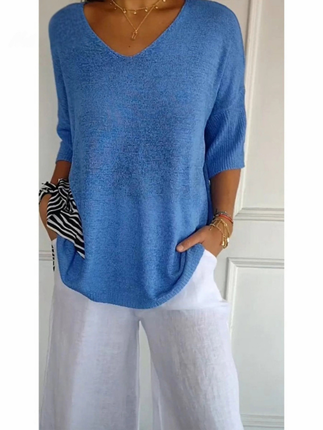V-Neck Batwing Sleeve Ribbed Hem Loose Knit Top 10