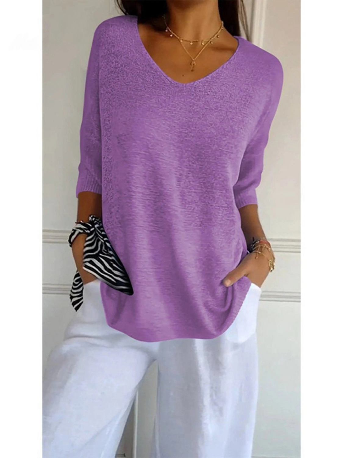 V-Neck Batwing Sleeve Ribbed Hem Loose Knit Top 3