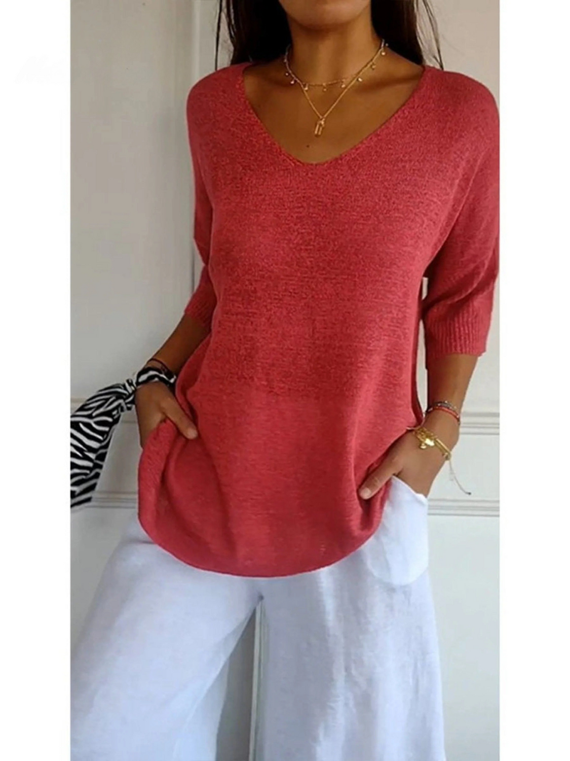 V-Neck Batwing Sleeve Ribbed Hem Loose Knit Top 2