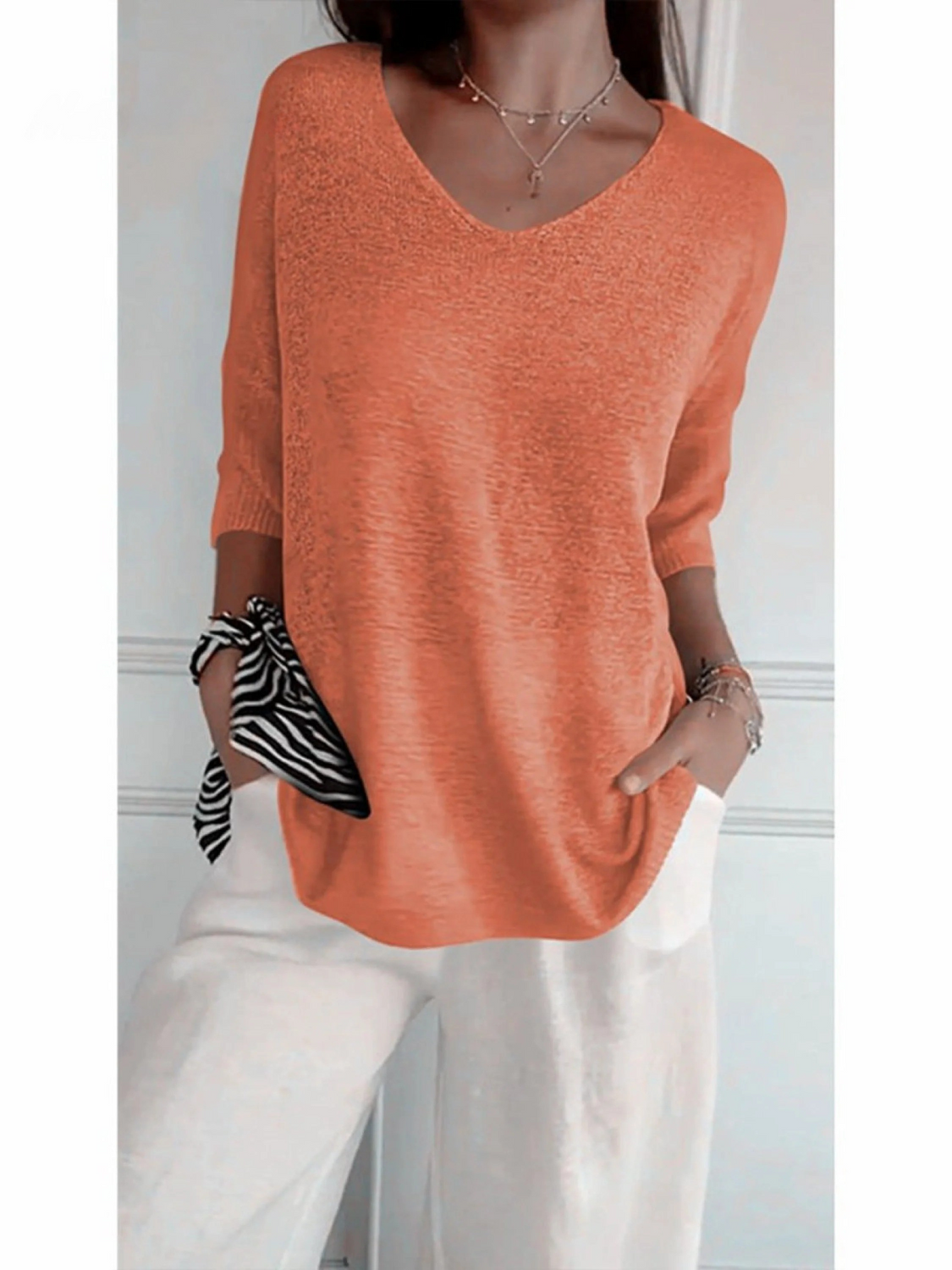 V-Neck Batwing Sleeve Ribbed Hem Loose Knit Top