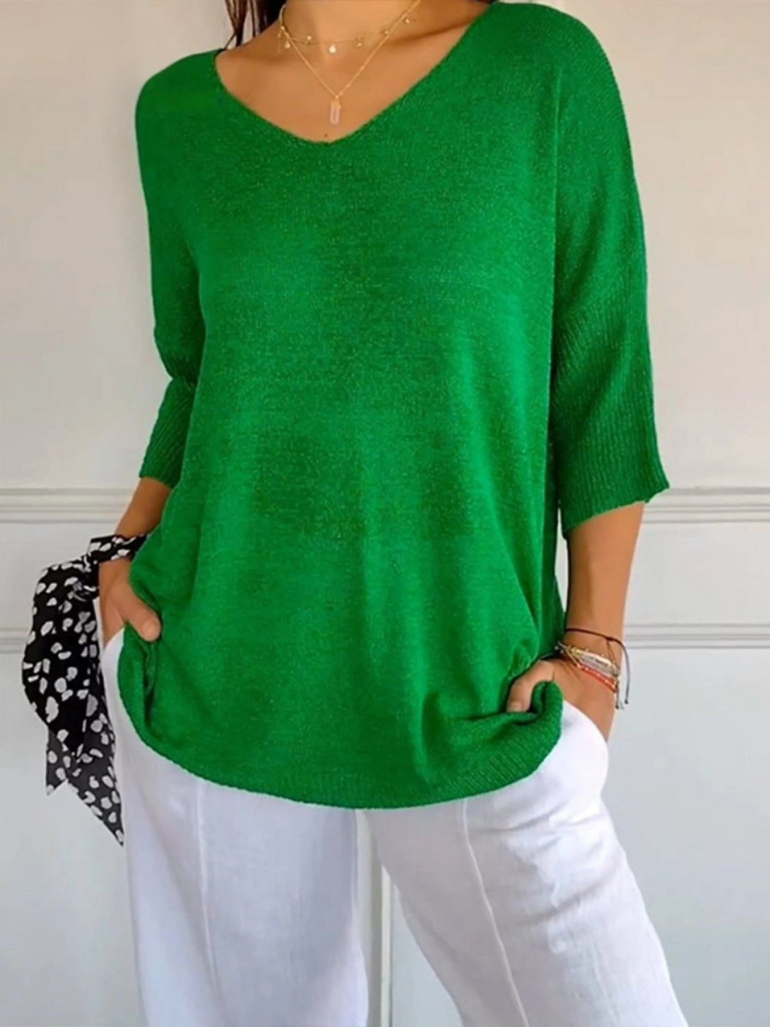 V-Neck Batwing Sleeve Ribbed Hem Loose Knit Top 8
