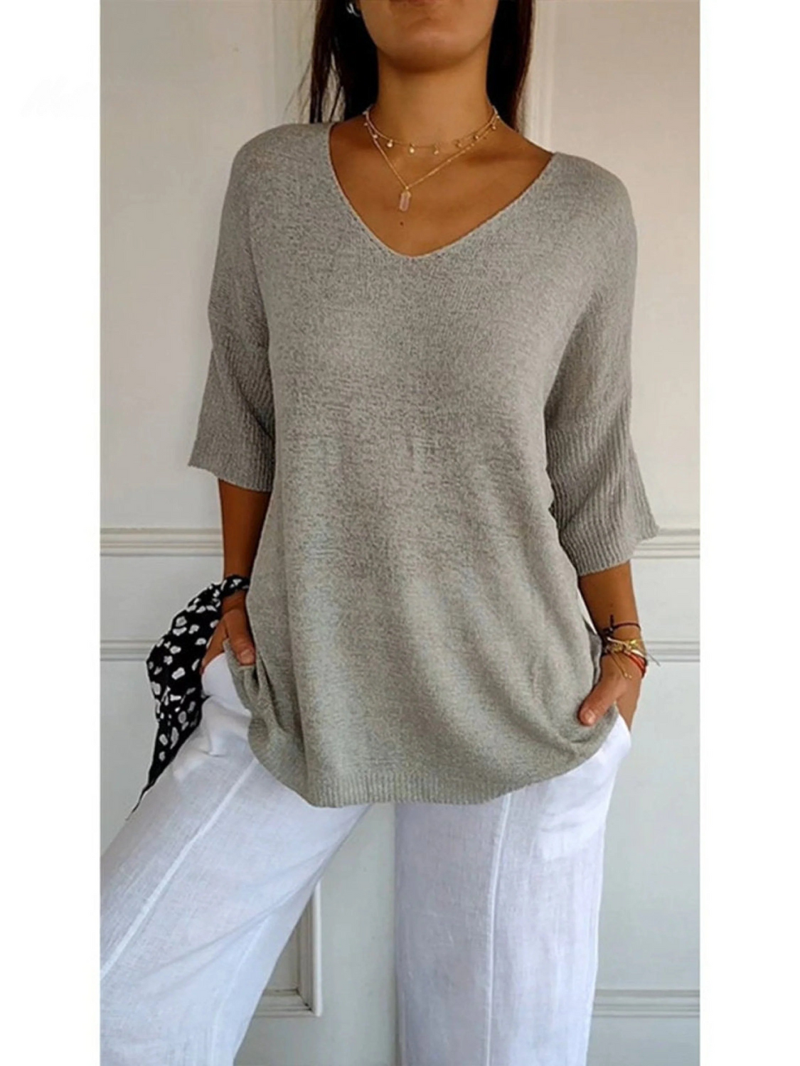 V-Neck Batwing Sleeve Ribbed Hem Loose Knit Top 6
