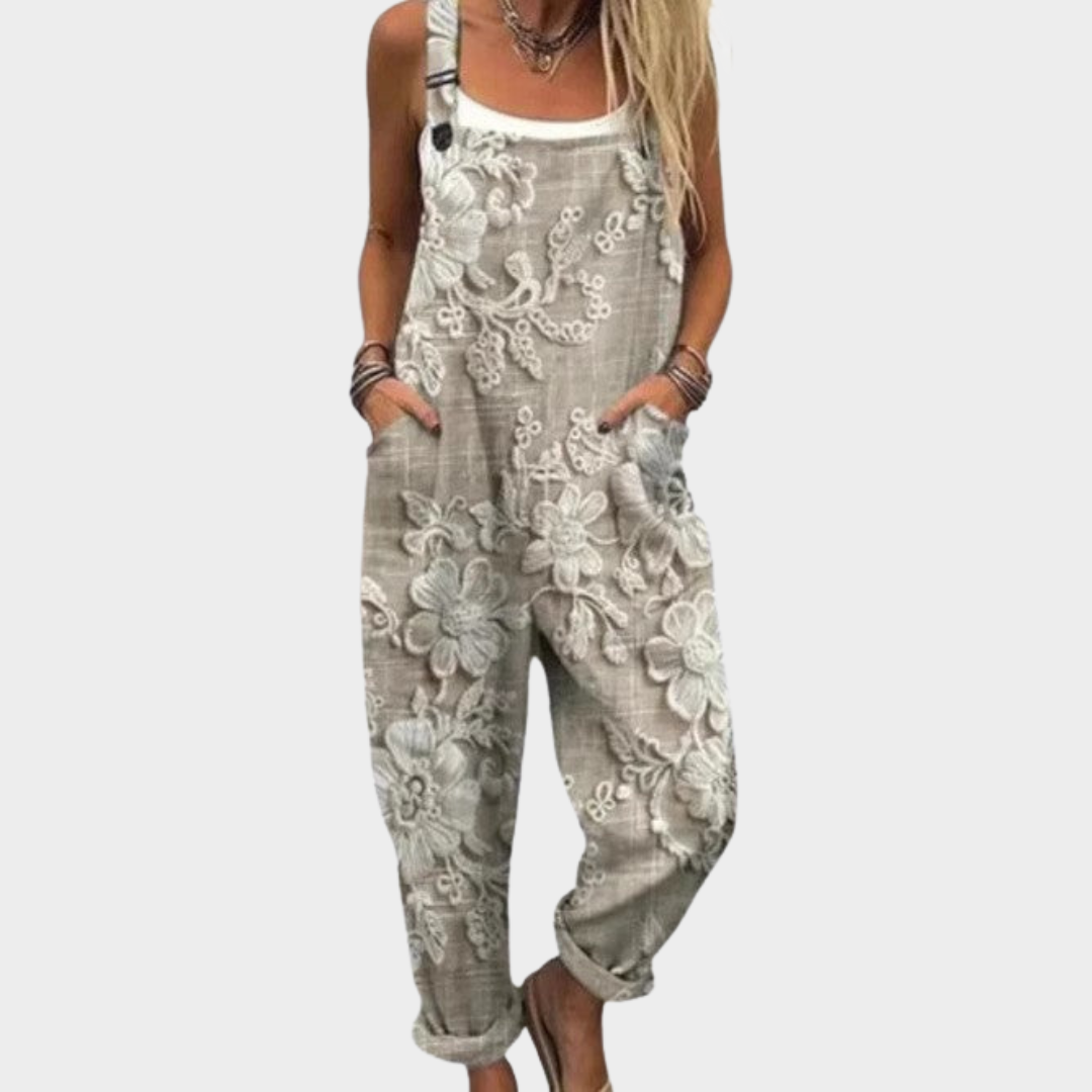 Embroidered Floral Sleeveless Cuffed Overall Jumpsuit