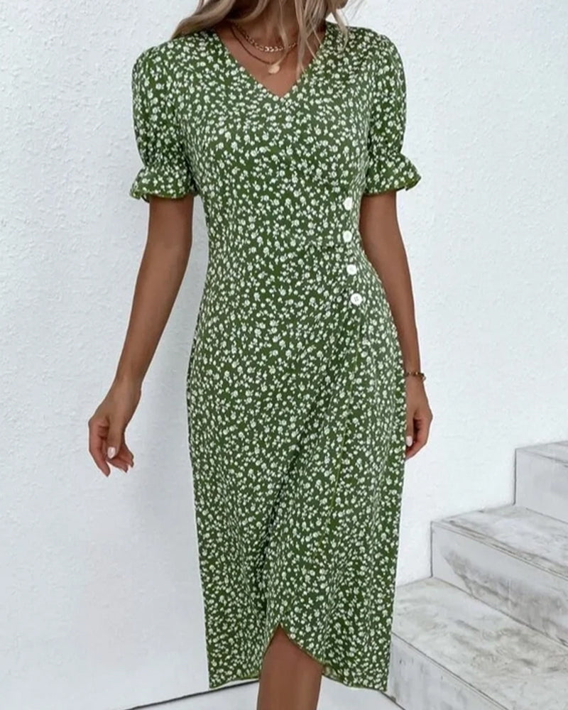 Ditsy Floral V-Neck Ruffle Sleeve Button Wrap Midi Dress 2
