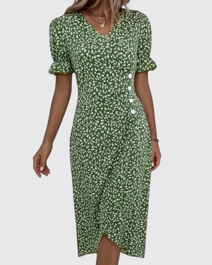 Ditsy Floral V-Neck Short Sleeve Button Wrap Midi Dress 2