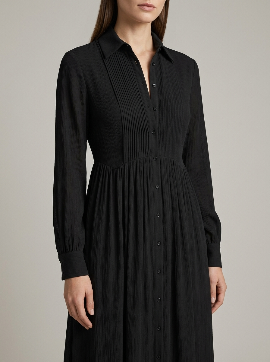 Button Front Long Sleeve Pintuck Flowy Maxi Dress 9