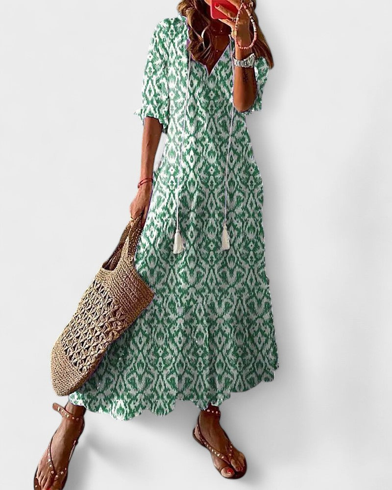 Ikat Print Split Neck Tassel Tie Tiered Maxi Dress 2