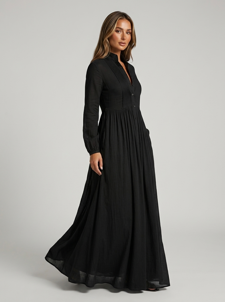 Button Front Long Sleeve Pintuck Flowy Maxi Dress 8
