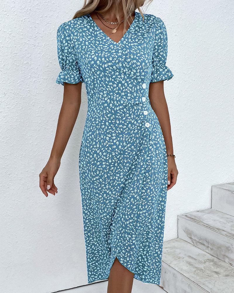 Ditsy Floral V-Neck Ruffle Sleeve Button Wrap Midi Dress 5