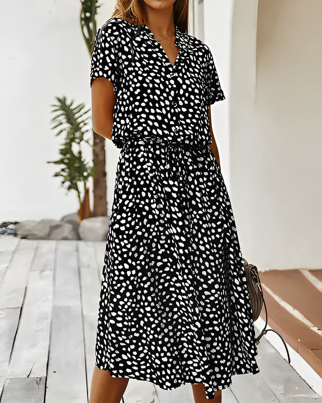 Leopard Print Short Sleeve Button Down A-Line Midi Dress - View 3