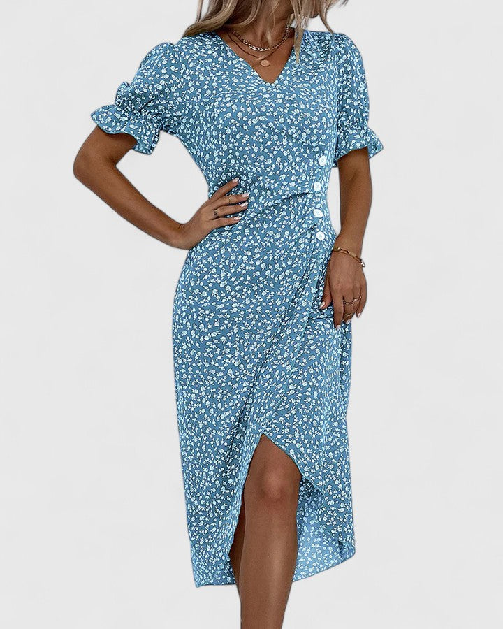 Ditsy Floral V-Neck Short Sleeve Button Wrap Midi Dress 6