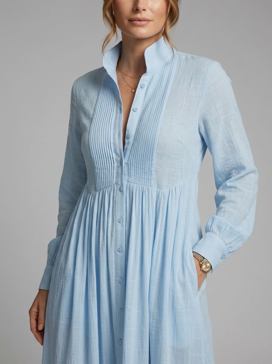 Button Front Long Sleeve Pintuck Flowy Maxi Dress 7