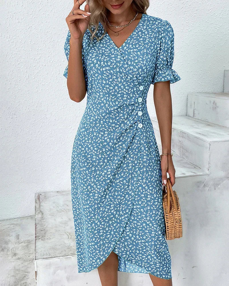 Short Puff Sleeve Lettuce Edge Cuff Bodycon Midi Dress - View 5
