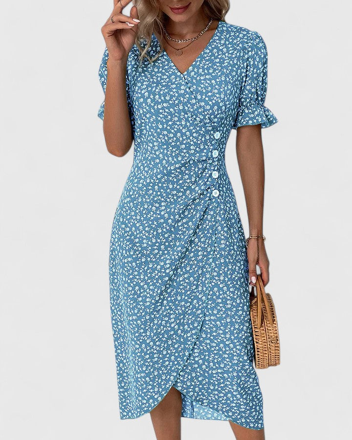 Ditsy Floral V-Neck Short Sleeve Button Wrap Midi Dress 7