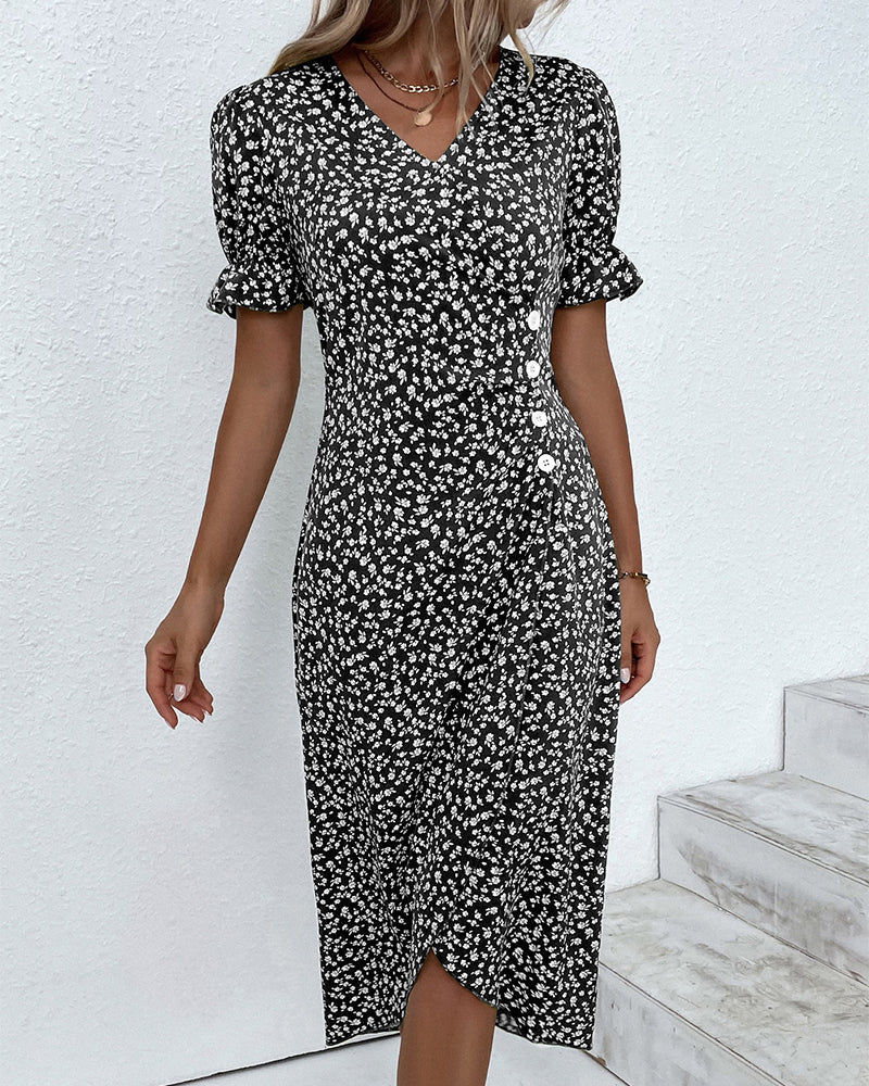 Ditsy Floral V-Neck Ruffle Sleeve Button Wrap Midi Dress 10