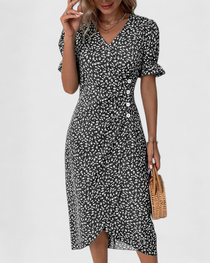 Ditsy Floral V-Neck Short Sleeve Button Wrap Midi Dress 10