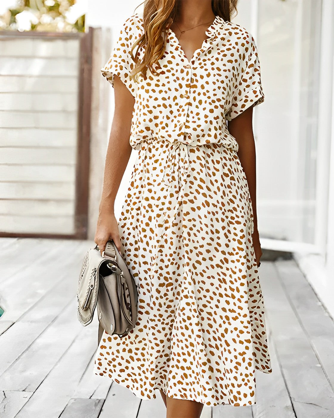 Leopard Print Short Sleeve Button Down A-Line Midi Dress - View 5