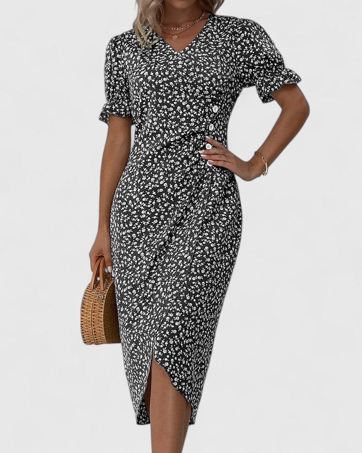 Ditsy Floral V-Neck Short Sleeve Button Wrap Midi Dress 12