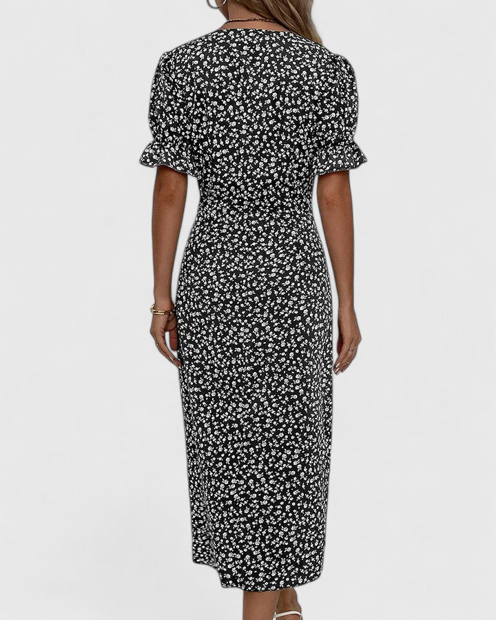 Ditsy Floral V-Neck Short Sleeve Button Wrap Midi Dress 13