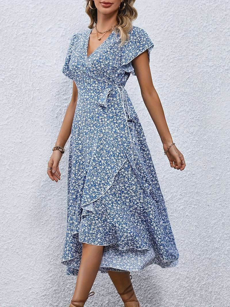 Ditsy Floral V-Neck Flutter Sleeve Wrap Ruffle Midi Dress 5