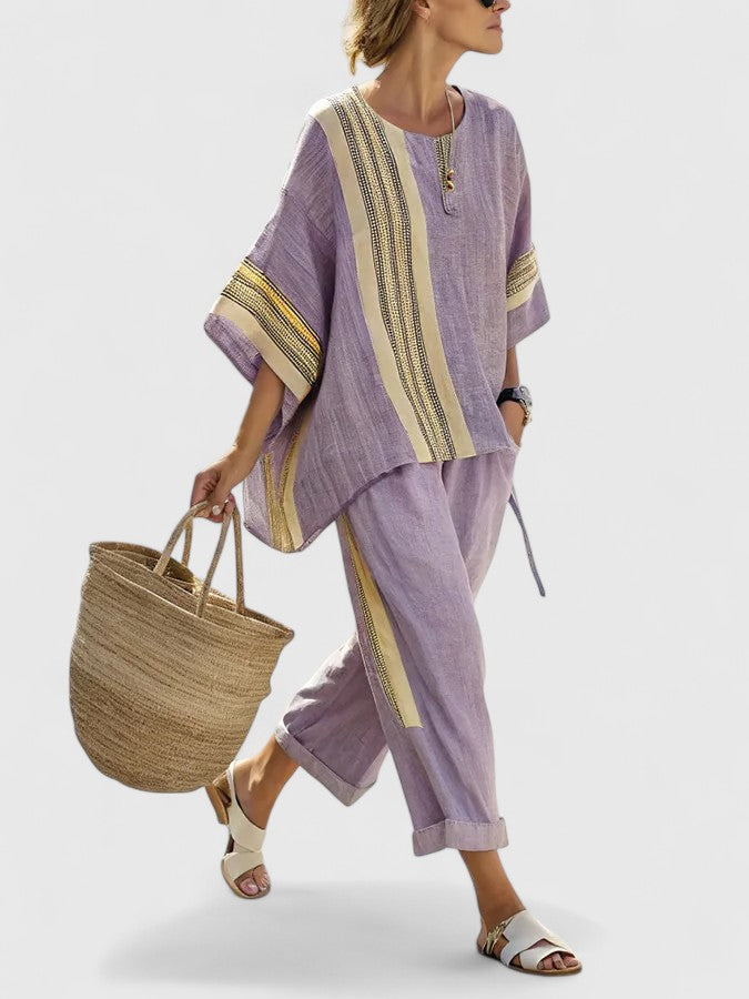 Striped Short Sleeve Top and Wide Leg Pants Two Piece Set 2