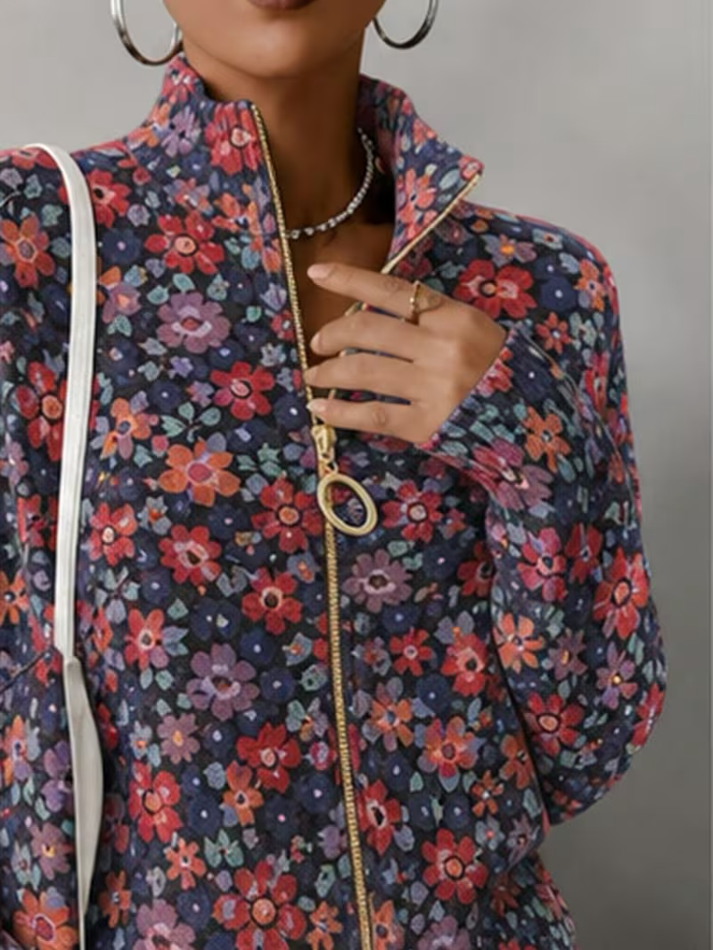 Ditsy Floral Print Stand Collar Full Zip Knit Cardigan 2