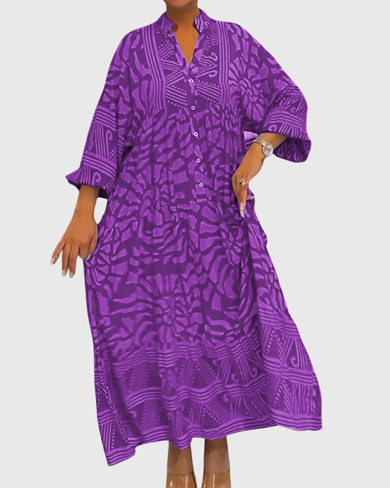 Abstract Print Button Front Long Sleeve Tiered Maxi Dress 6
