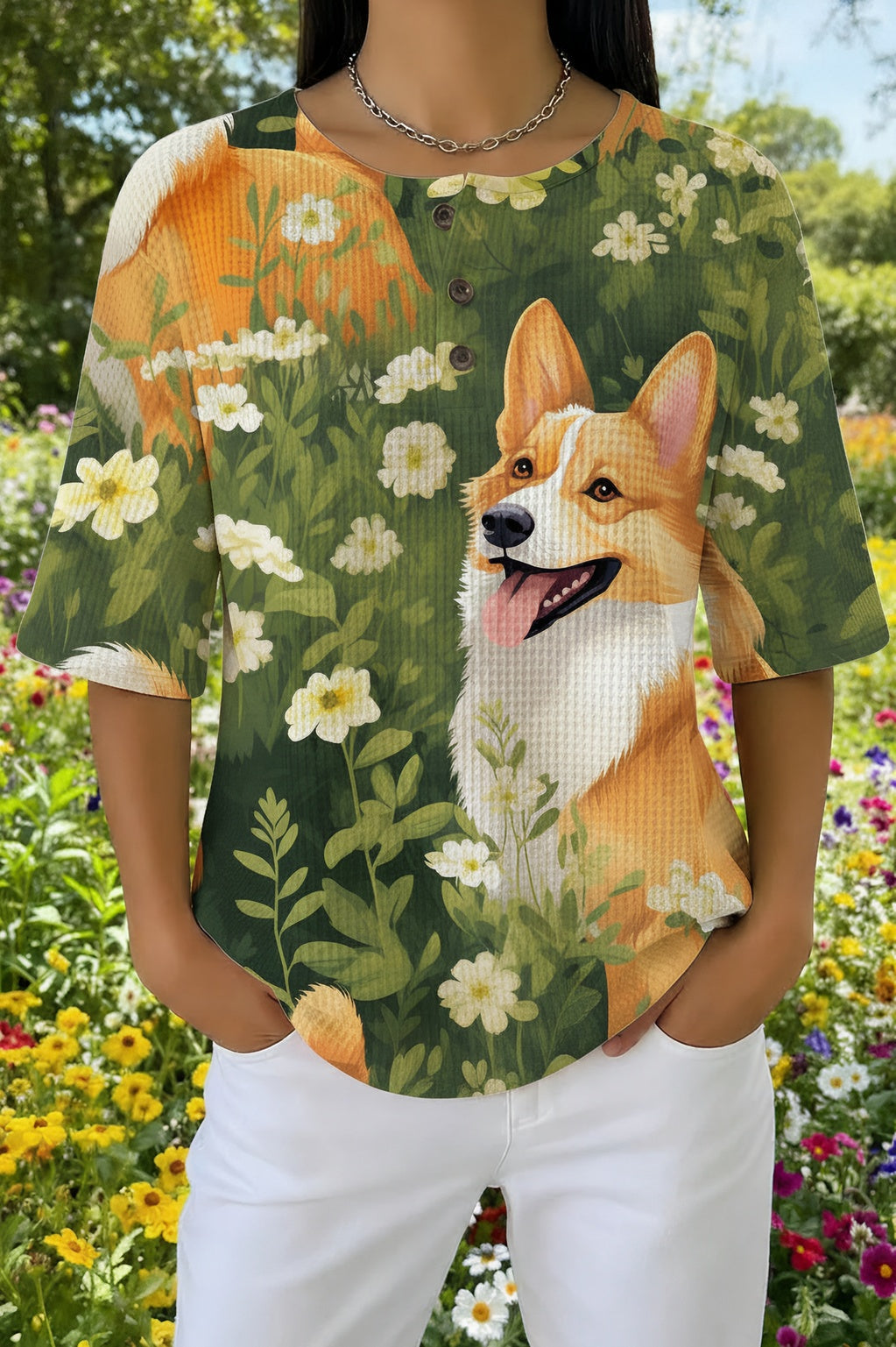 Corgi Floral Print Waffle Knit Henley Short Sleeve Top