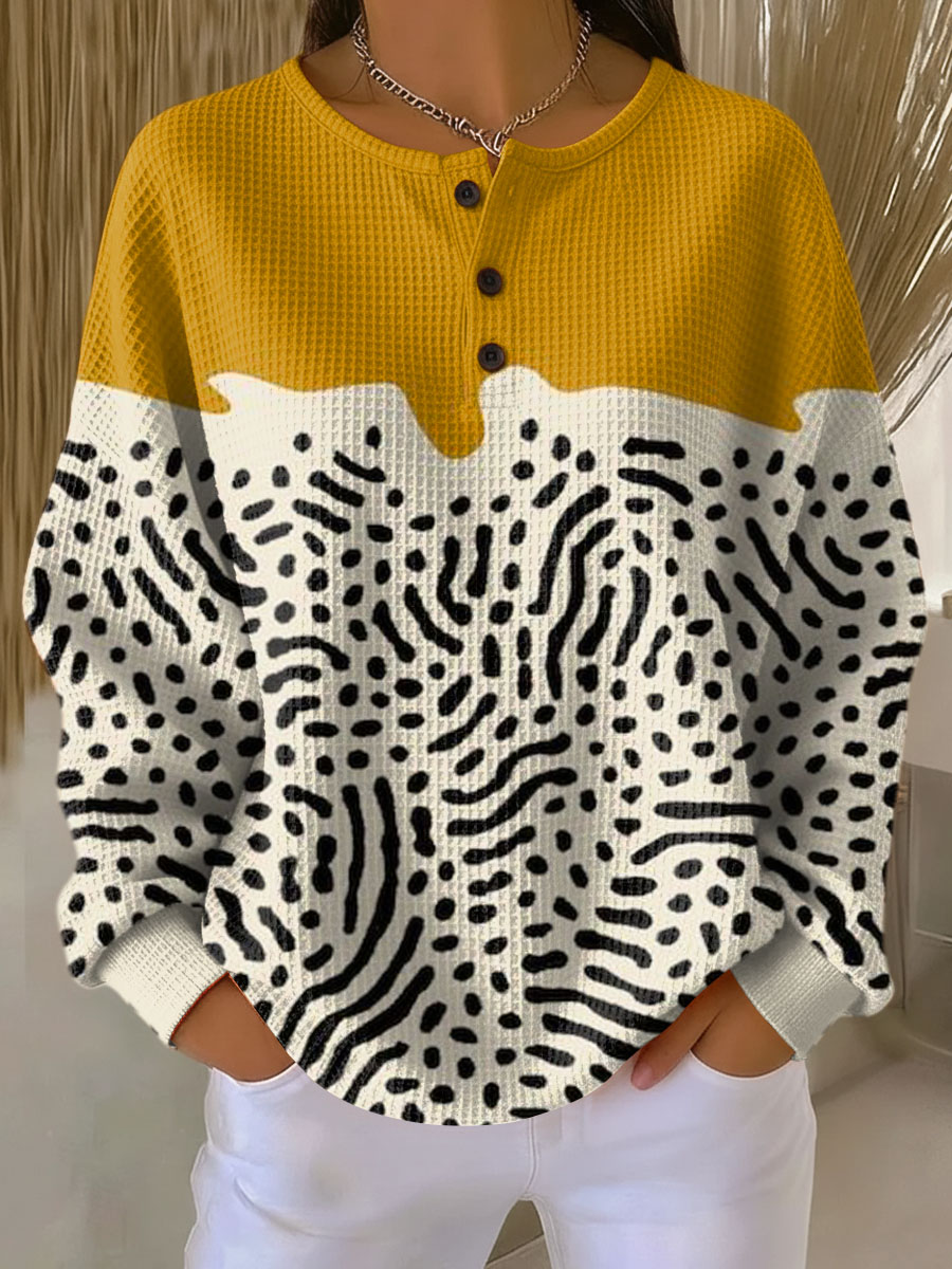 Henley Neck Abstract Print Waffle Knit Sweatshirt
