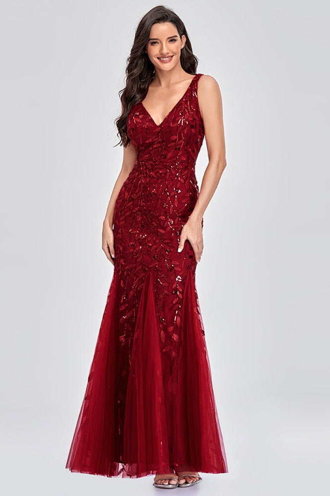 Sequin V-Neck Embroidered Mermaid Maxi Prom Dress - View 9