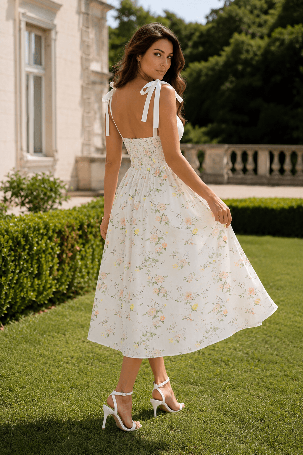 Floral Tie Strap Sweetheart Fit and Flare Midi Dress 2