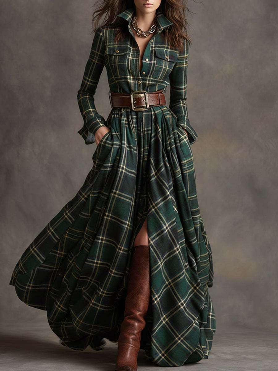 Collared Long Sleeve Belted Plaid Shirt Maxi Dress 3