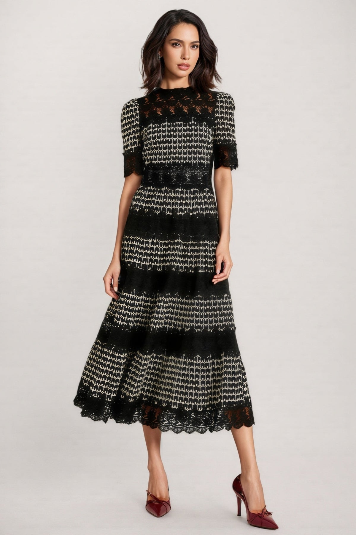 Cleo Lace Embroidery Short Sleeve Midi Dress