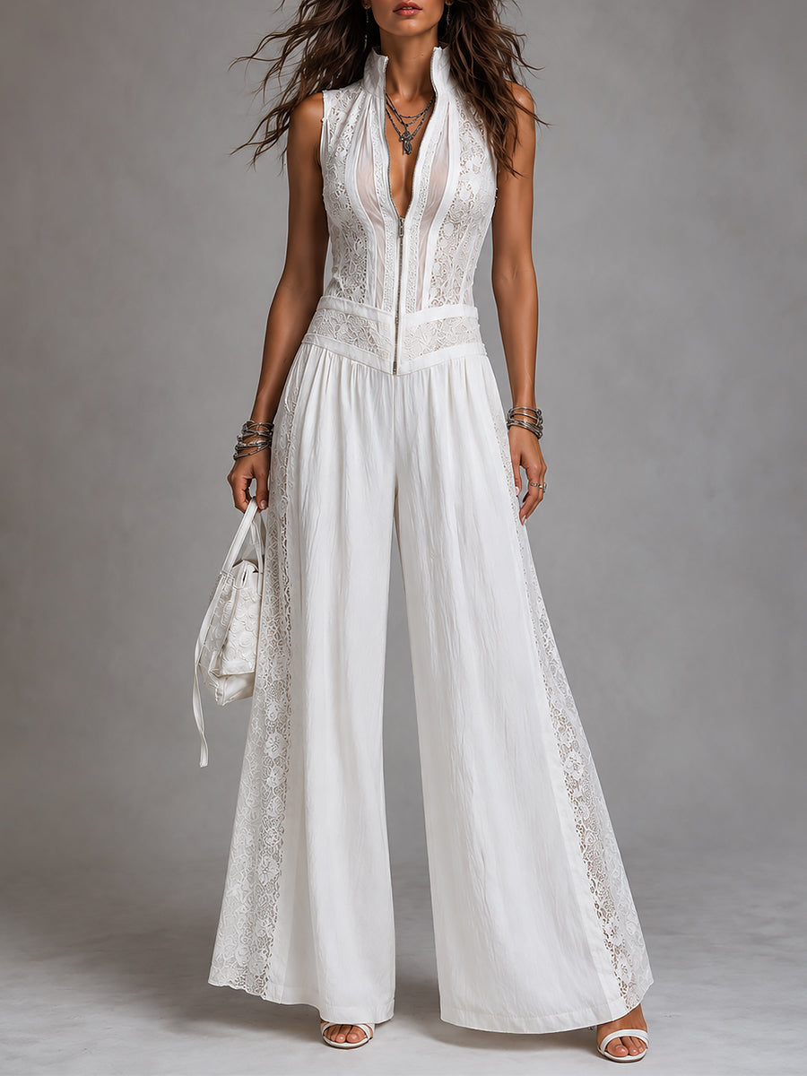 Lace Panel High Neck Zip Front Wide Leg Jumpsuit
