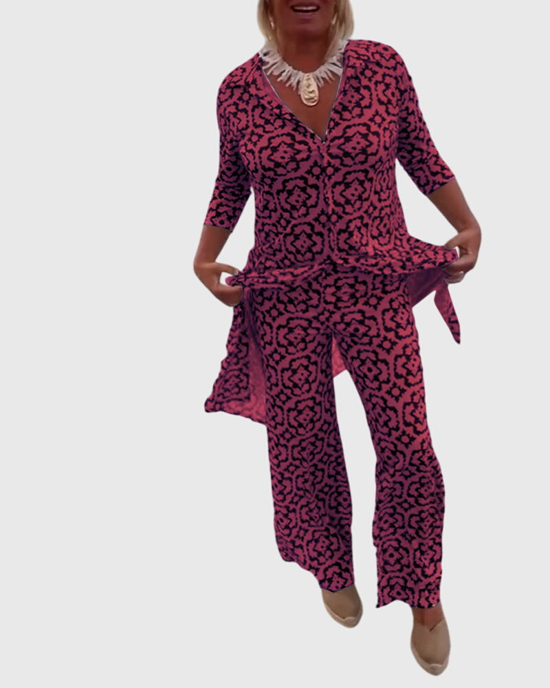 Medallion Print Collared Half Sleeve Tunic and Wide Leg Pants Two Piece Set 12