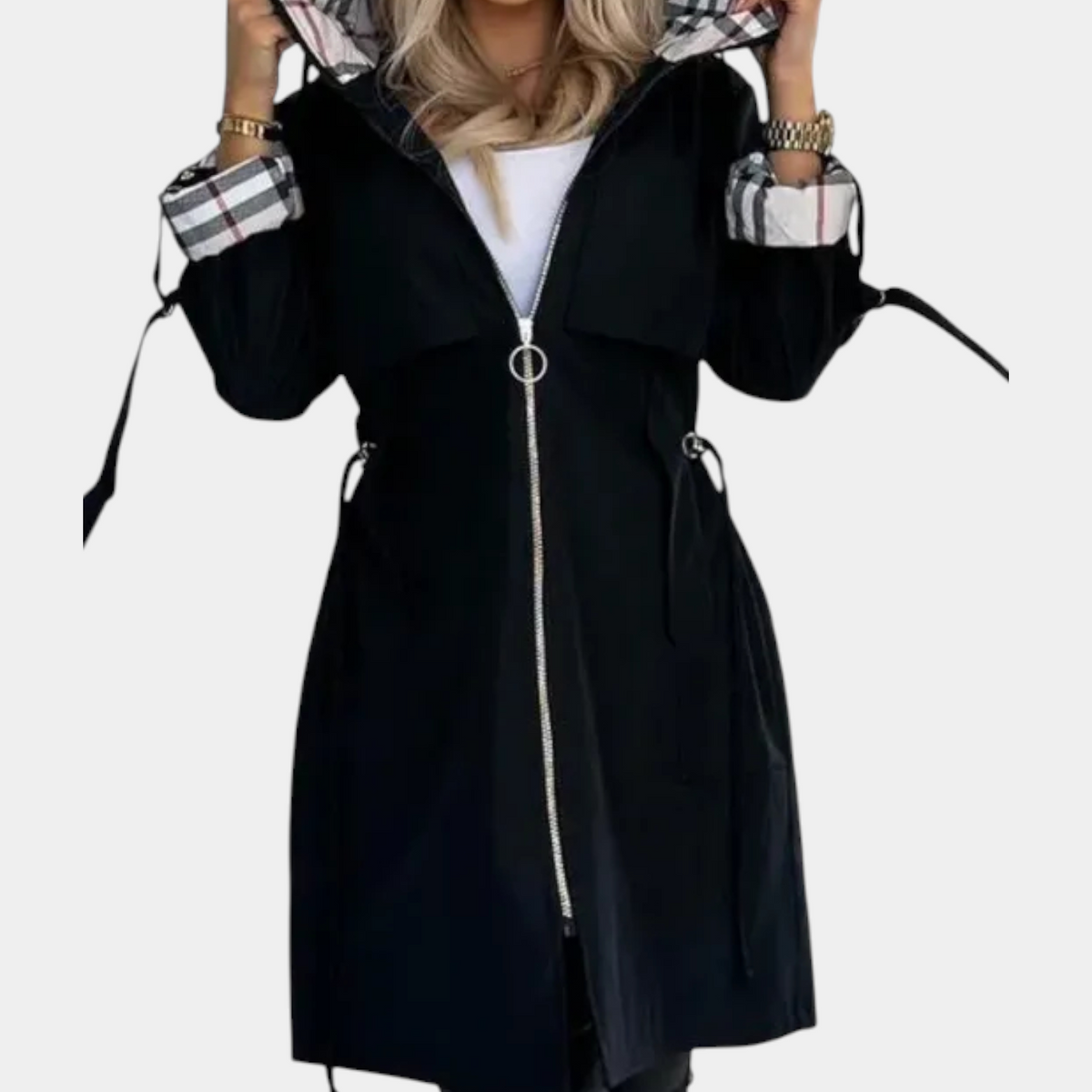 Hooded Zip Front Drawstring Longline Rain Coat 3
