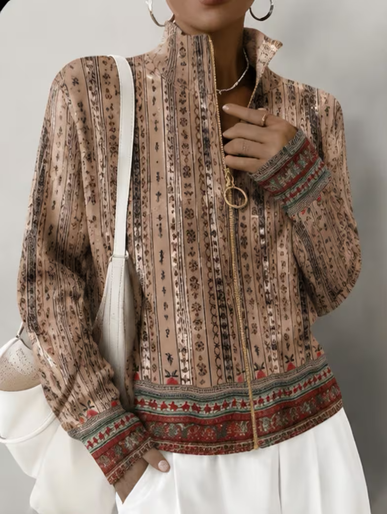 Ethnic Stripe Print Stand Collar Zip Jacket