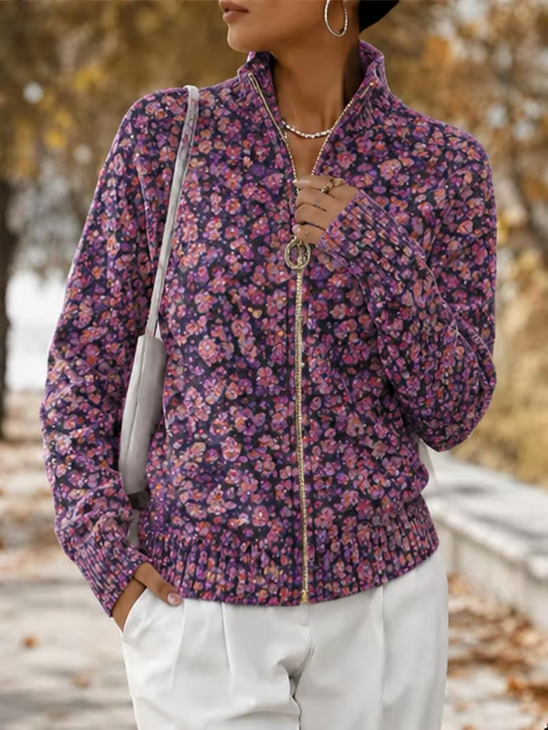 Ditsy Floral Print Zip Front Stand Collar Cardigan 3
