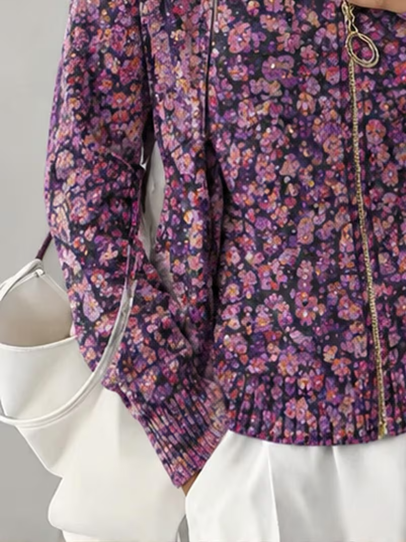 Ditsy Floral Print Zip Front Stand Collar Cardigan 4