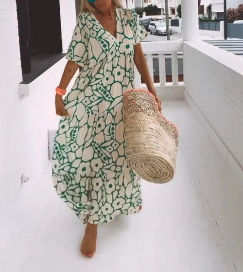 Floral Print V-Neck Short Sleeve Tiered Ruffle Maxi Summer Dress - View 5