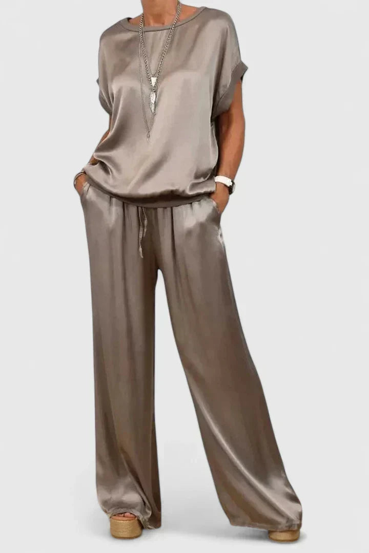 Satin Short Sleeve Top and Wide Leg Pants Two Piece Set 2