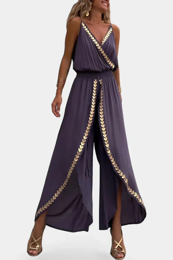 Gold Trim V-Neck Wrap Wide Leg Jumpsuit