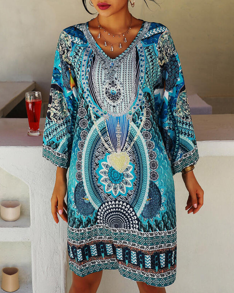 V-Neck Bell Sleeve Kaftan Peacock Print Mini Summer Dress - View 3