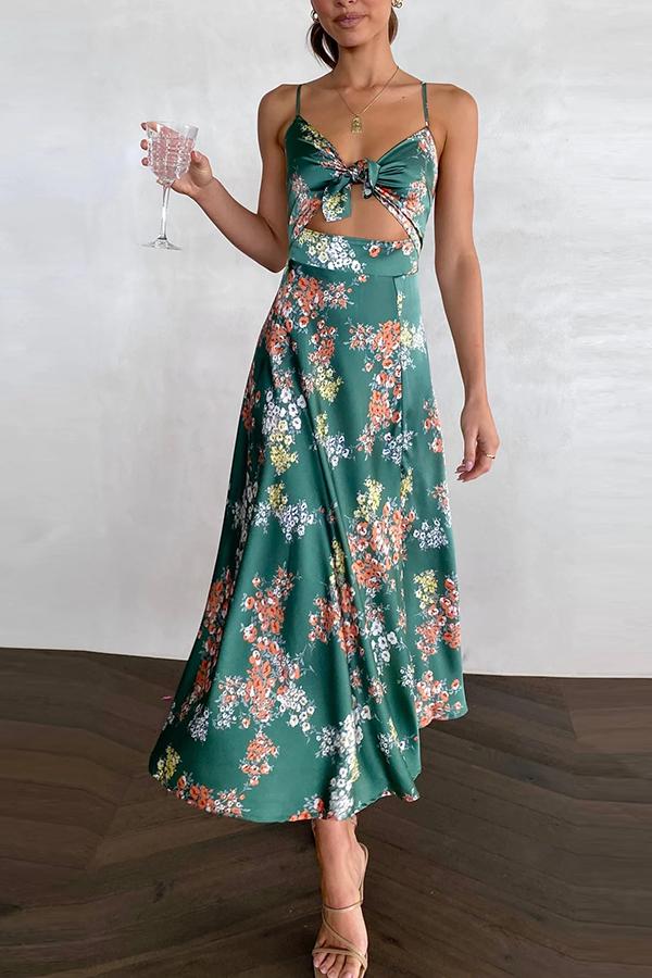 Floral Satin Spaghetti Strap Cut Out High Split Midi Dress - View 6