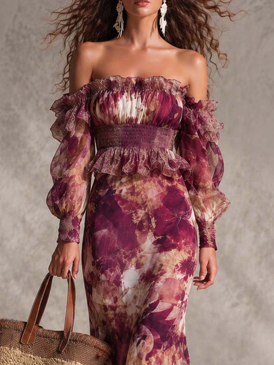 Floral Organza Off Shoulder Ruffle Smocked Mermaid Maxi Dress 2