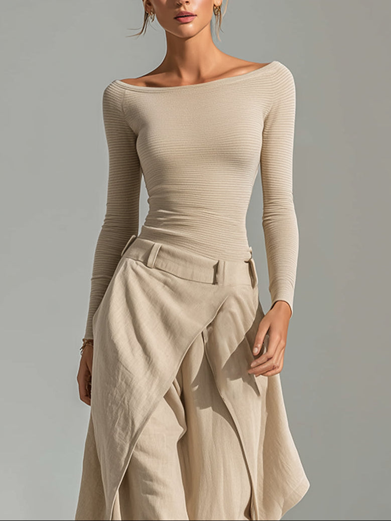 Boat Neck Long Sleeve Ribbed Top and Draped Wide Leg Pants Two Piece Set 3