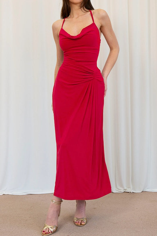 Cowl Neck Spaghetti Strap Ruched Wrap Maxi Dress - View 2