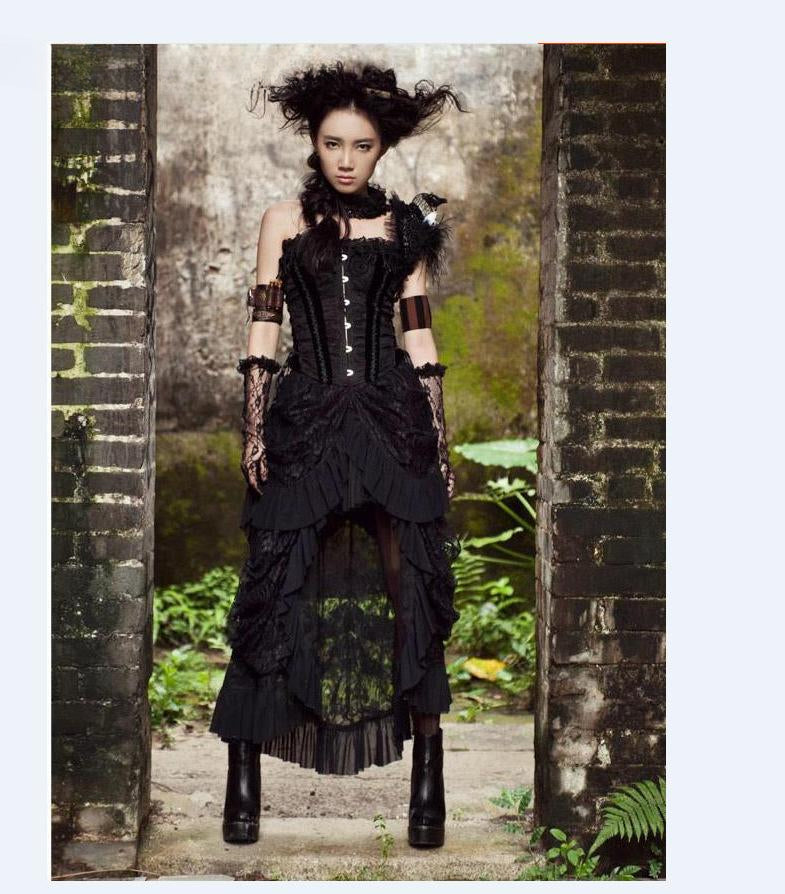 Retro Victorian Lace Up SteamGothic Goth Long Ruffle Dress - View 2