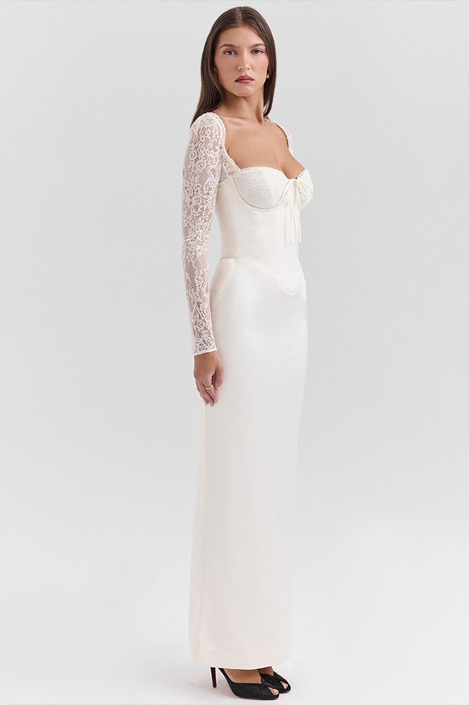 Long Sleeve Lace Satin Maxi Dress - View 6