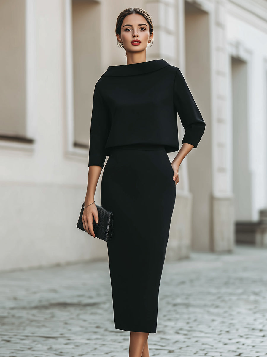 Cowl Neck Top and Straight Midi Skirt Two Piece Set 4